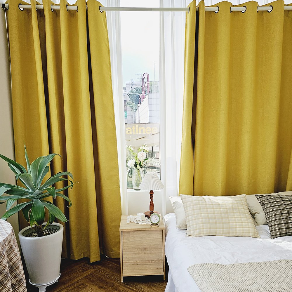 벽뚫지않는 암막커튼+힘센 압축봉 세트 버터옐로우, 450x235cm(가로225cm2장) 상세 이미지 1